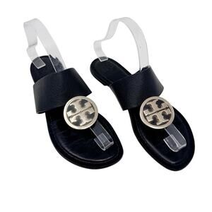 Tory Burch Benton Band Black Leather Logo Medallion Sandals 8